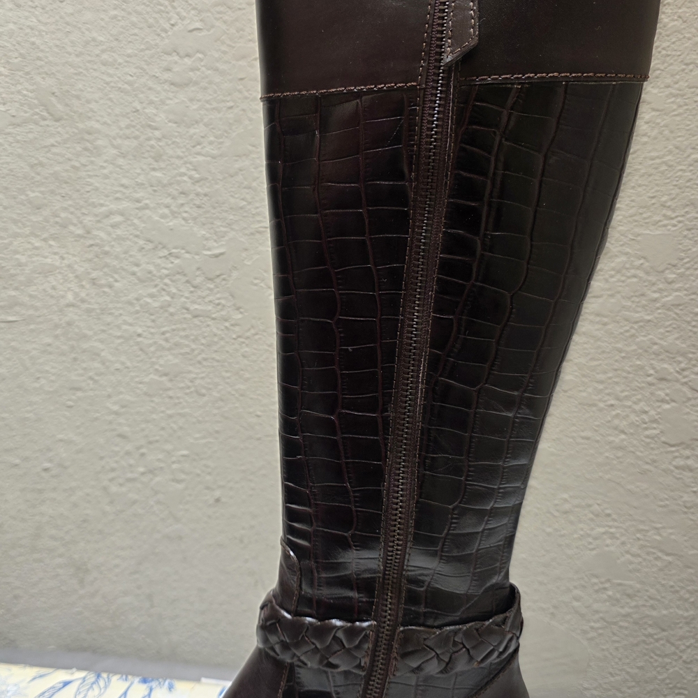 Croco-Embossed Over-the-Knee Riding Boot - Dark Brown - Picture 4 of 15